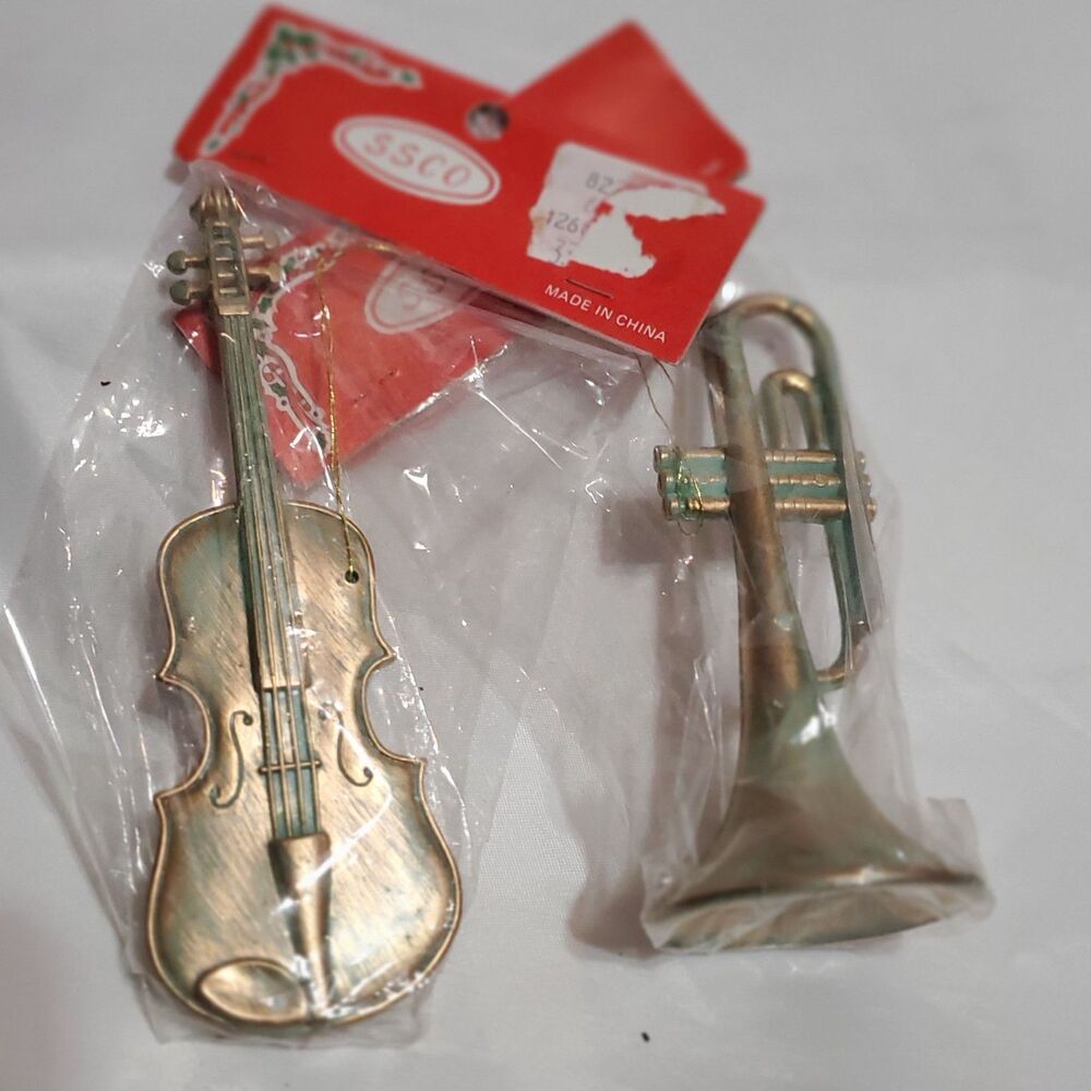 Vintage Set of 2 SSCO 5" Brushed Blue Musical Instruments Plastic Ornaments